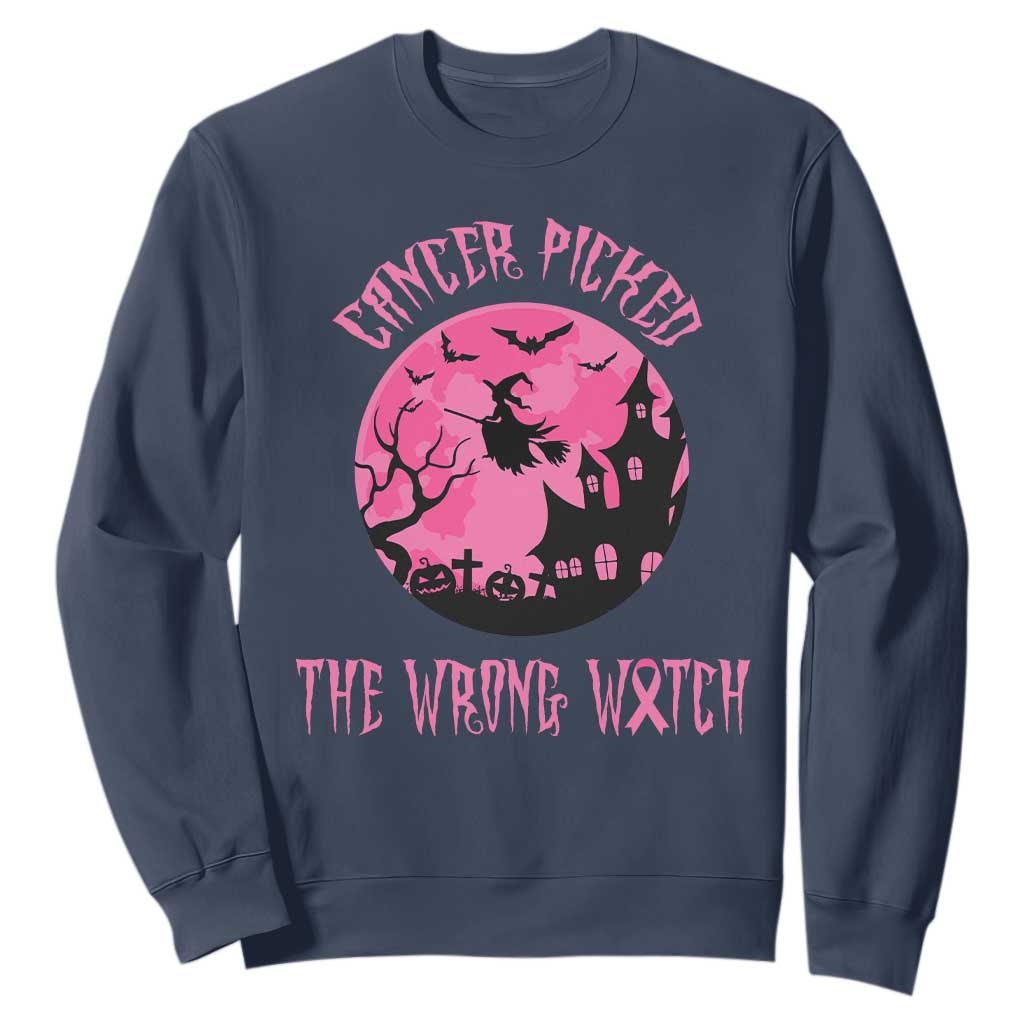 Breast Cancer Halloween Sweatshirt In October We Wear Pink Witch TS10 Navy Print Your Wear