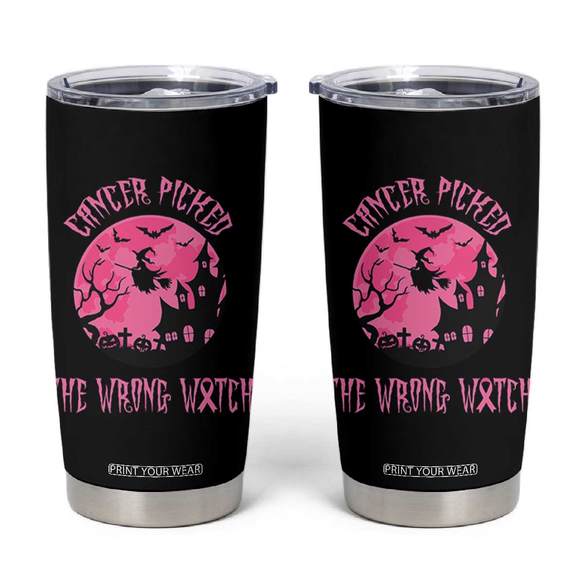 Breast Cancer Halloween Tumbler Cup In October We Wear Pink Witch - Print Your Wear