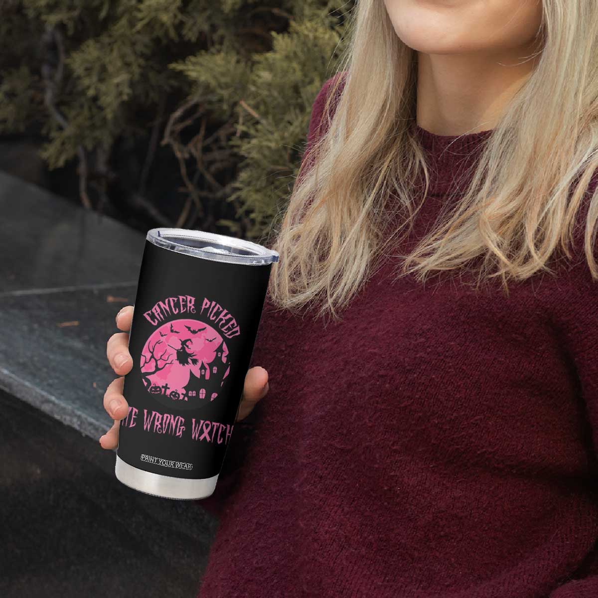 Breast Cancer Halloween Tumbler Cup In October We Wear Pink Witch TS10 Print Your Wear