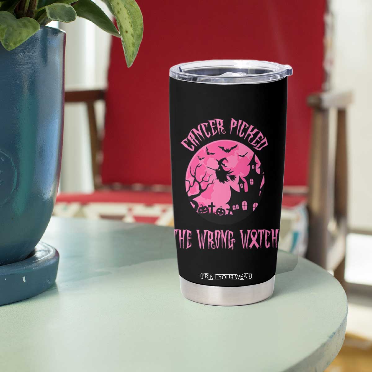 Breast Cancer Halloween Tumbler Cup In October We Wear Pink Witch - Print Your Wear