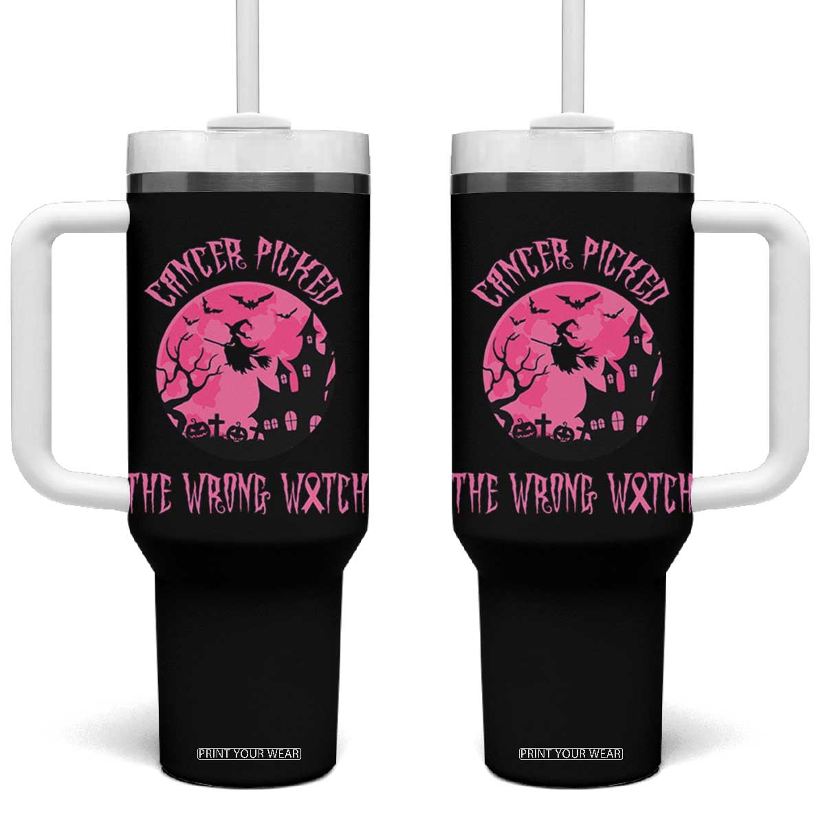Breast Cancer Halloween Tumbler With Handle In October We Wear Pink Witch TS10 One Size: 40 oz Black Print Your Wear