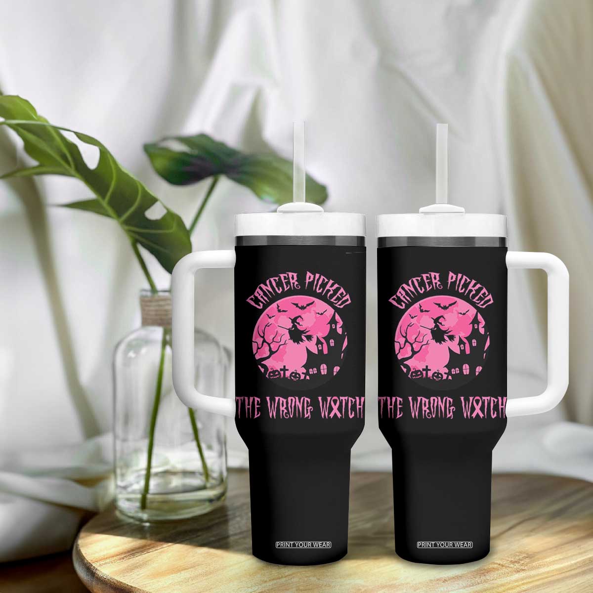 Breast Cancer Halloween Tumbler With Handle In October We Wear Pink Witch TS10 Print Your Wear