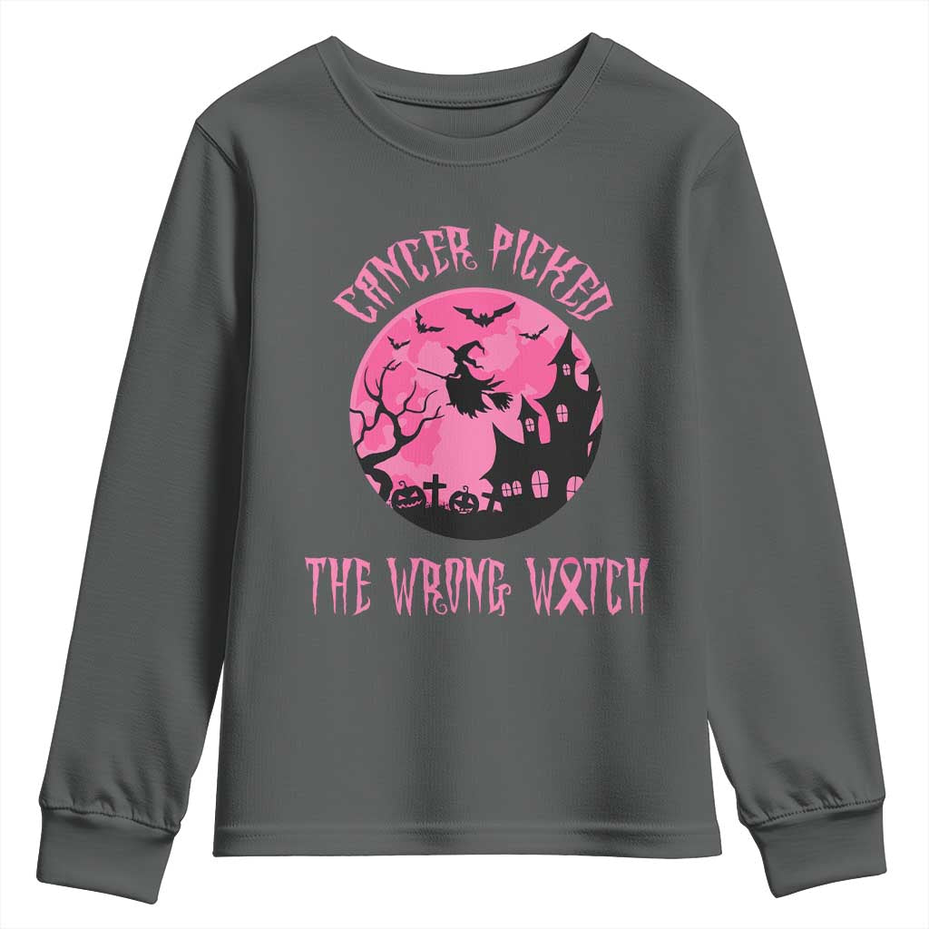 Breast Cancer Halloween Youth Sweatshirt In October We Wear Pink Witch TS10 Dark Heather Print Your Wear