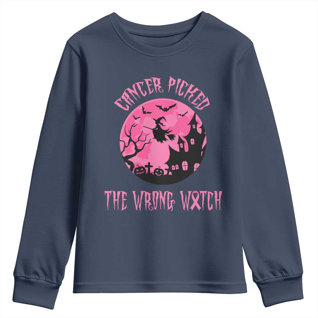 Breast Cancer Halloween Youth Sweatshirt In October We Wear Pink Witch TS10 Navy Print Your Wear
