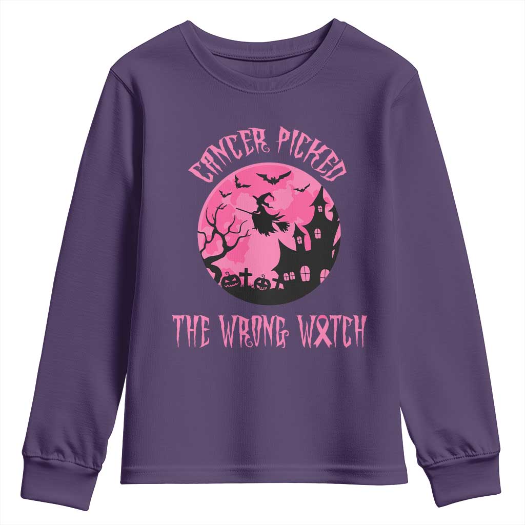 Breast Cancer Halloween Youth Sweatshirt In October We Wear Pink Witch TS10 Purple Print Your Wear