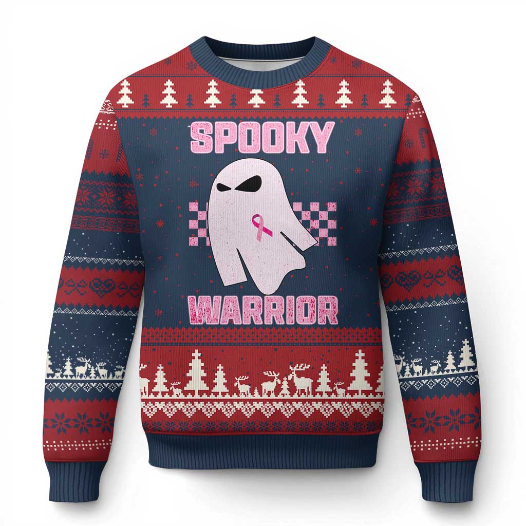 Breast Cancer Halloween Ugly Christmas Sweater Ghost Wear Pink Ribbon Spooky Warrior - Print Your Wear