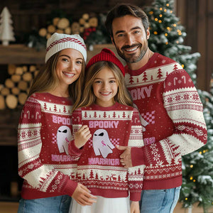 Breast Cancer Halloween Ugly Christmas Sweater Ghost Wear Pink Ribbon Spooky Warrior - Print Your Wear