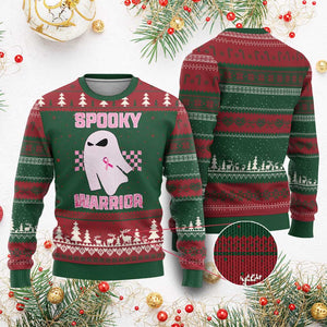 Breast Cancer Halloween Ugly Christmas Sweater Ghost Wear Pink Ribbon Spooky Warrior - Print Your Wear