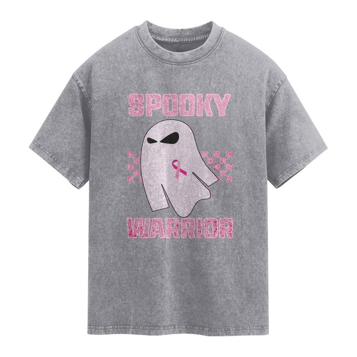 Breast Cancer Halloween Washed Cotton T-Shirt Ghost Wear Pink Ribbon Spooky Warrior
