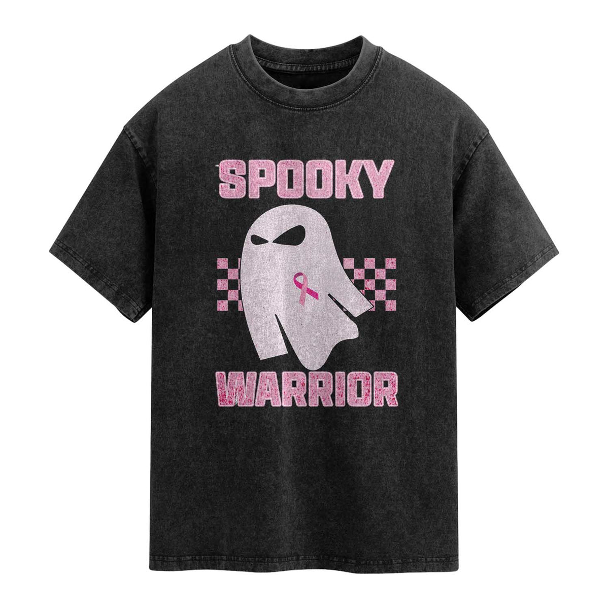 Breast Cancer Halloween Washed Cotton T-Shirt Ghost Wear Pink Ribbon Spooky Warrior