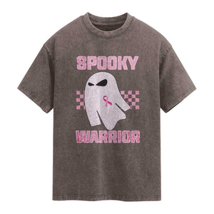 Breast Cancer Halloween Washed Cotton T-Shirt Ghost Wear Pink Ribbon Spooky Warrior