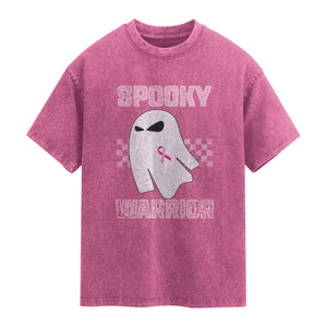 Breast Cancer Halloween Washed Cotton T-Shirt Ghost Wear Pink Ribbon Spooky Warrior