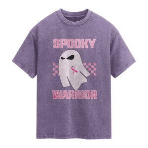 Breast Cancer Halloween Washed Cotton T-Shirt Ghost Wear Pink Ribbon Spooky Warrior