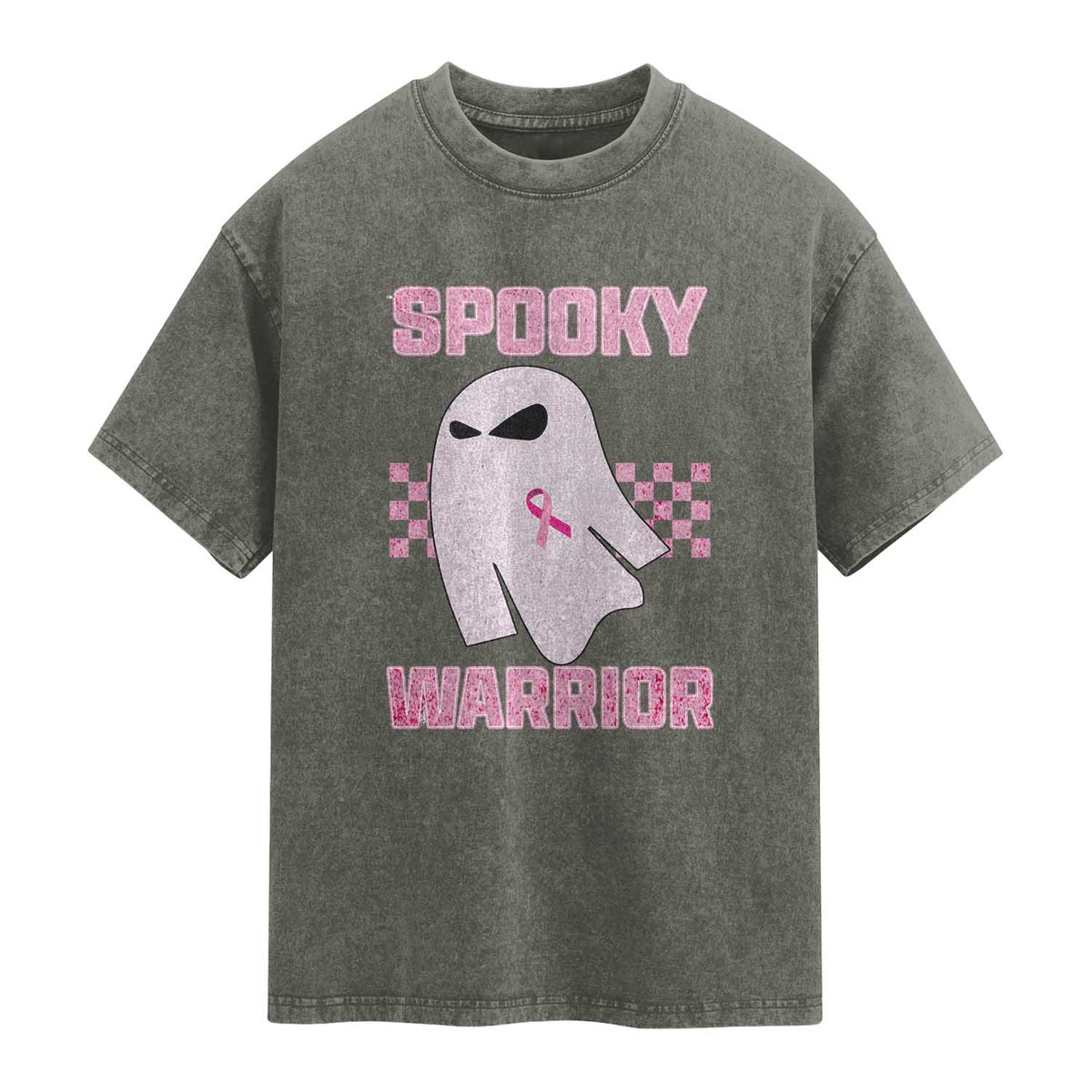 Breast Cancer Halloween Washed Cotton T-Shirt Ghost Wear Pink Ribbon Spooky Warrior