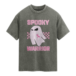 Breast Cancer Halloween Washed Cotton T-Shirt Ghost Wear Pink Ribbon Spooky Warrior