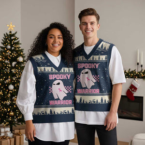 Breast Cancer Halloween V-Neck Knit Sweater Vest Ghost Wear Pink Ribbon Spooky Warrior TS10 Navy Beige Print Your Wear