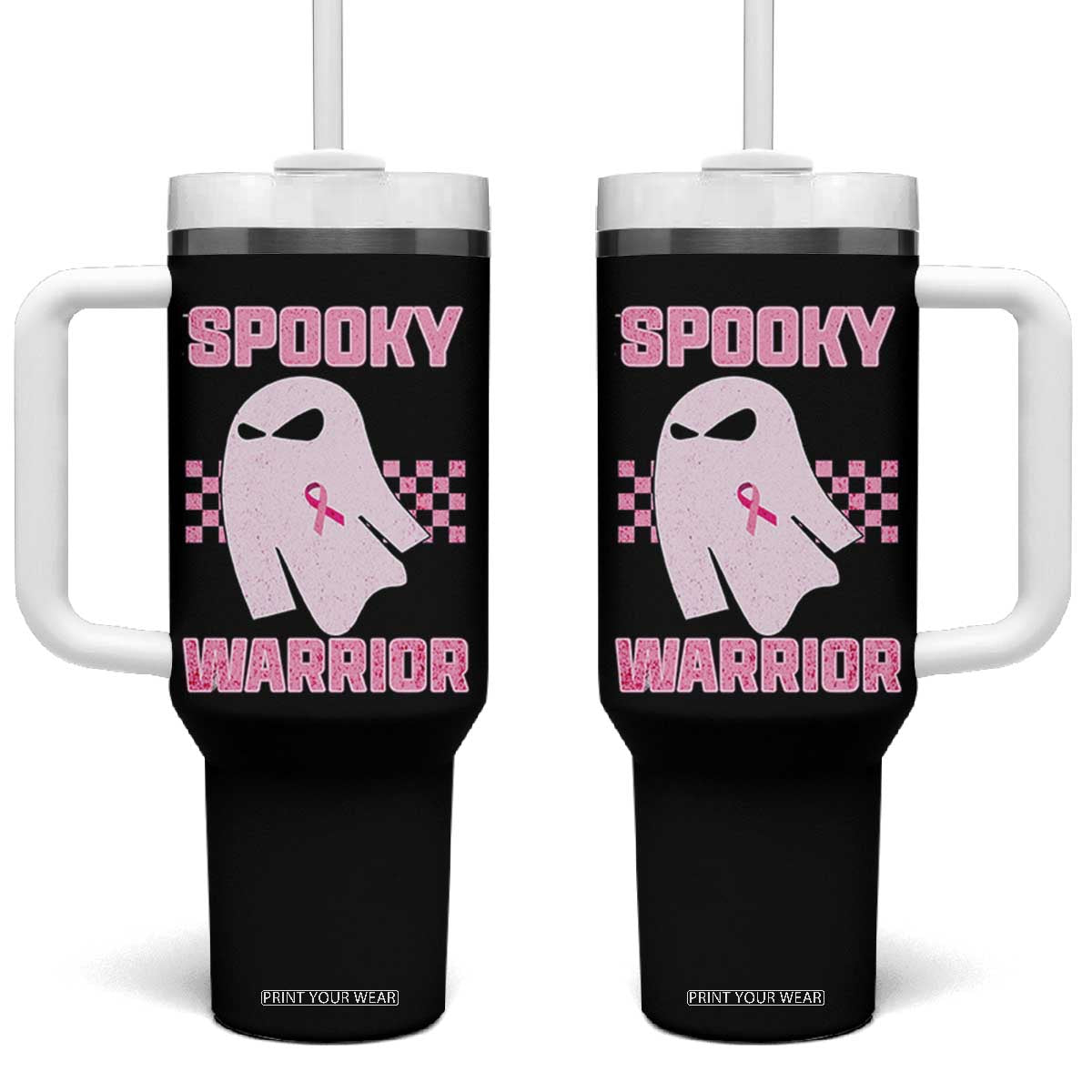 Breast Cancer Halloween Tumbler With Handle Ghost Wear Pink Ribbon Spooky Warrior TS10 One Size: 40 oz Black Print Your Wear
