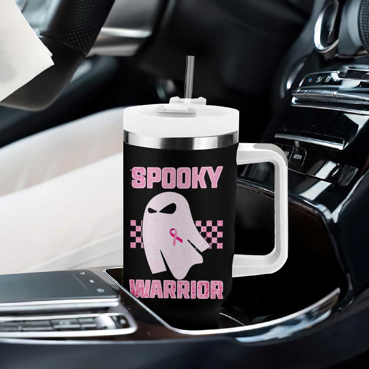 Breast Cancer Halloween Tumbler With Handle Ghost Wear Pink Ribbon Spooky Warrior TS10 Print Your Wear