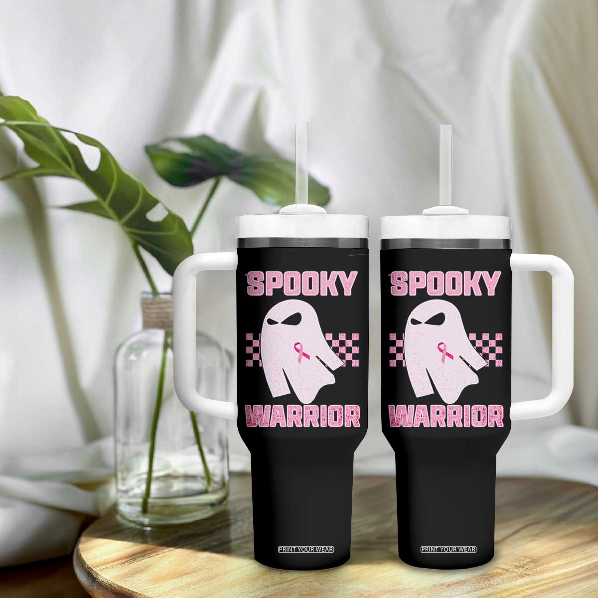 Breast Cancer Halloween Tumbler With Handle Ghost Wear Pink Ribbon Spooky Warrior TS10 Print Your Wear
