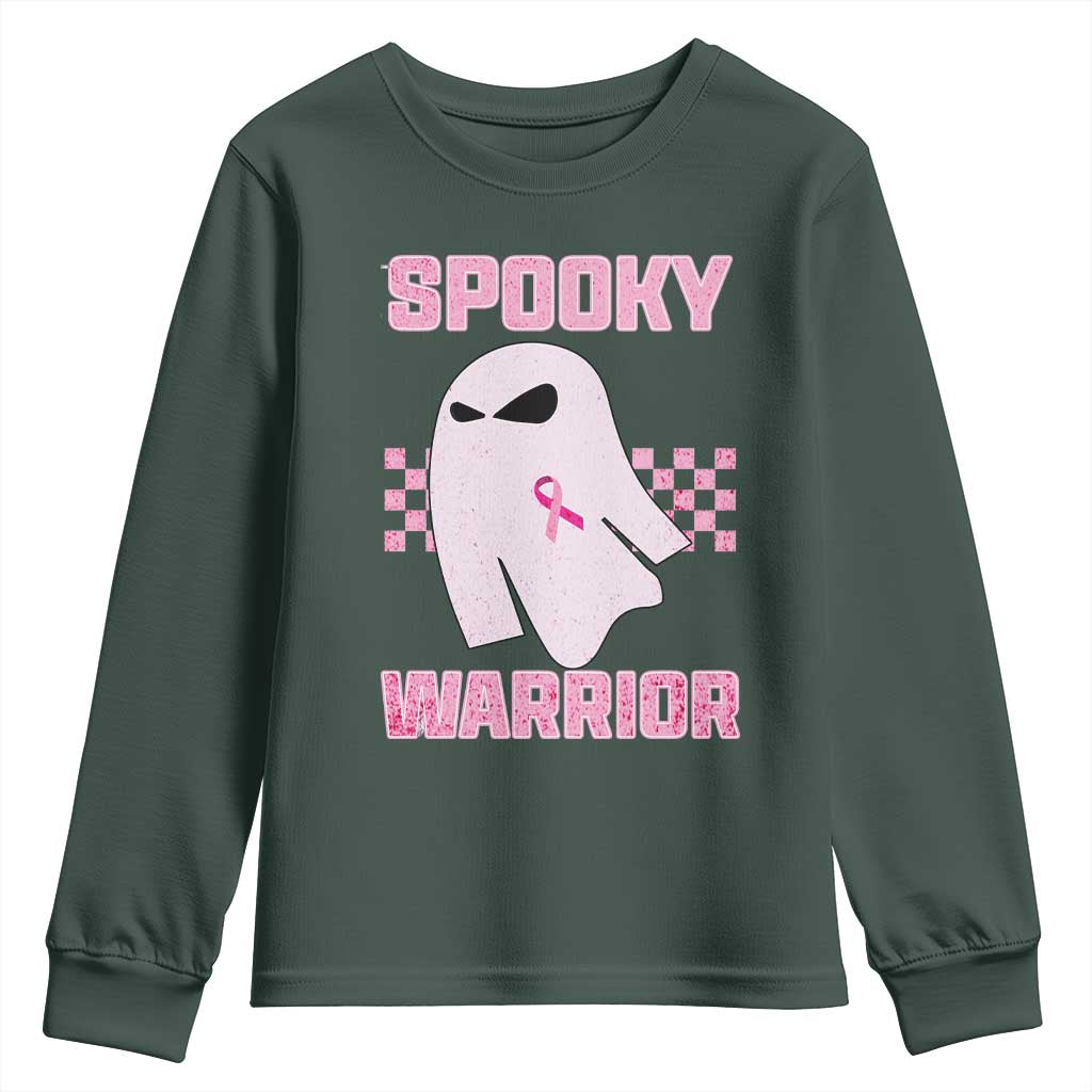 Breast Cancer Halloween Youth Sweatshirt Ghost Wear Pink Ribbon Spooky Warrior TS10 Dark Forest Green Print Your Wear