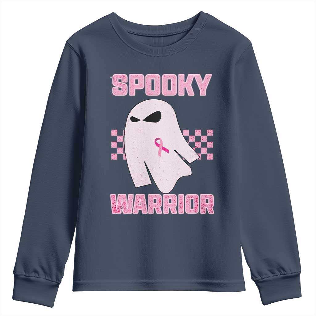 Breast Cancer Halloween Youth Sweatshirt Ghost Wear Pink Ribbon Spooky Warrior TS10 Navy Print Your Wear