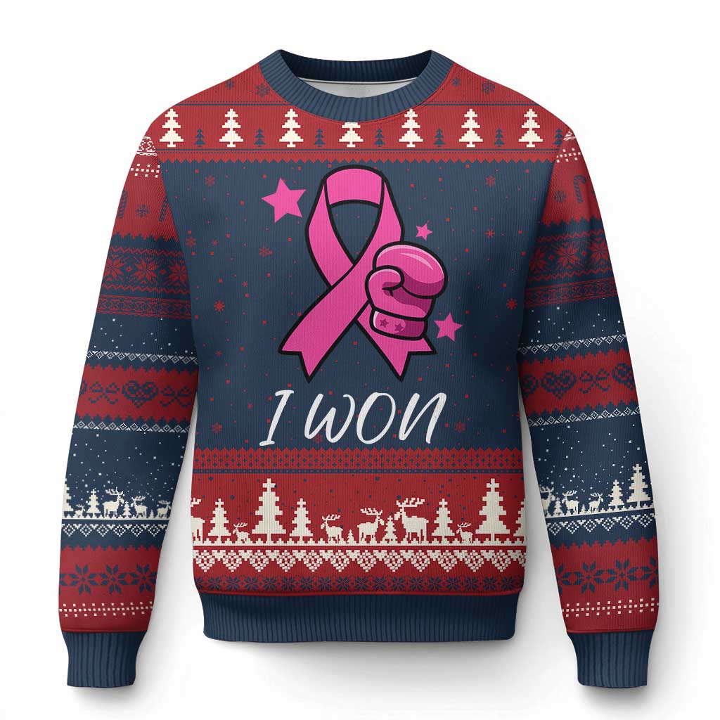 Pink Ribbon Ugly Christmas Sweater I Won Breast Cancer Awareness - Print Your Wear