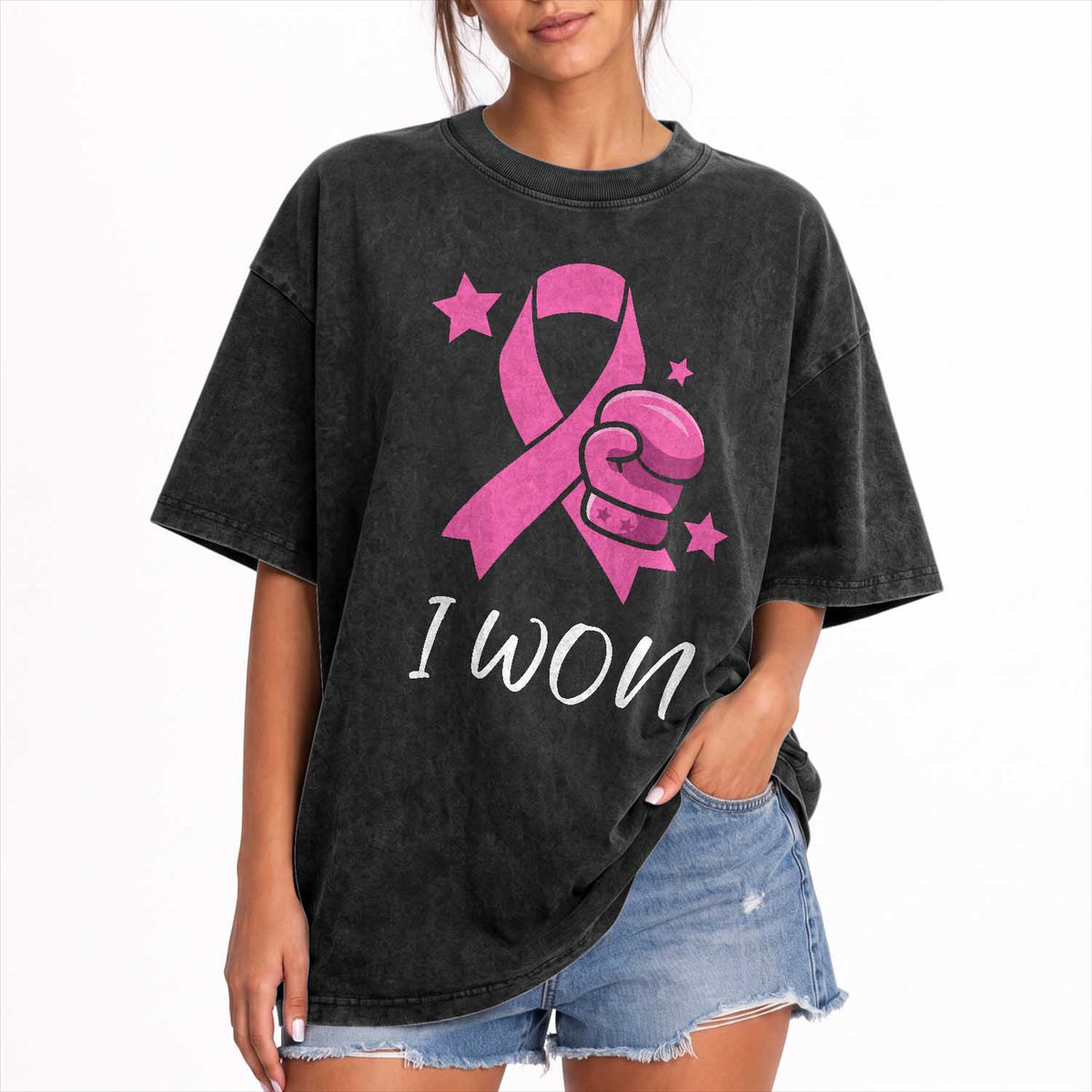 Pink Ribbon Washed Cotton T-Shirt I Won Breast Cancer Awareness