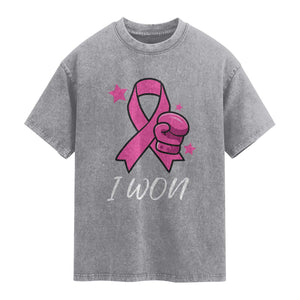 Pink Ribbon Washed Cotton T-Shirt I Won Breast Cancer Awareness