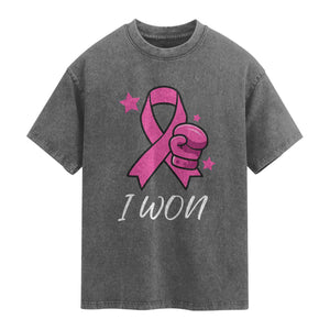 Pink Ribbon Washed Cotton T-Shirt I Won Breast Cancer Awareness