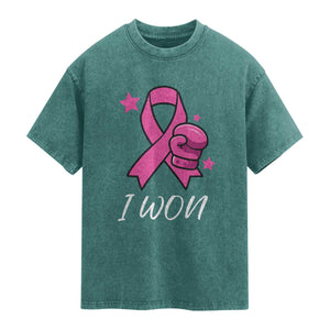 Pink Ribbon Washed Cotton T-Shirt I Won Breast Cancer Awareness