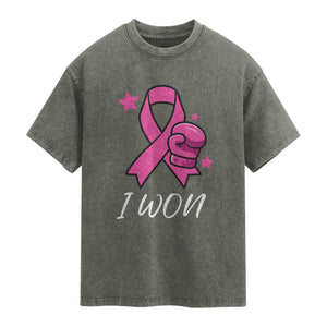 Pink Ribbon Washed Cotton T-Shirt I Won Breast Cancer Awareness