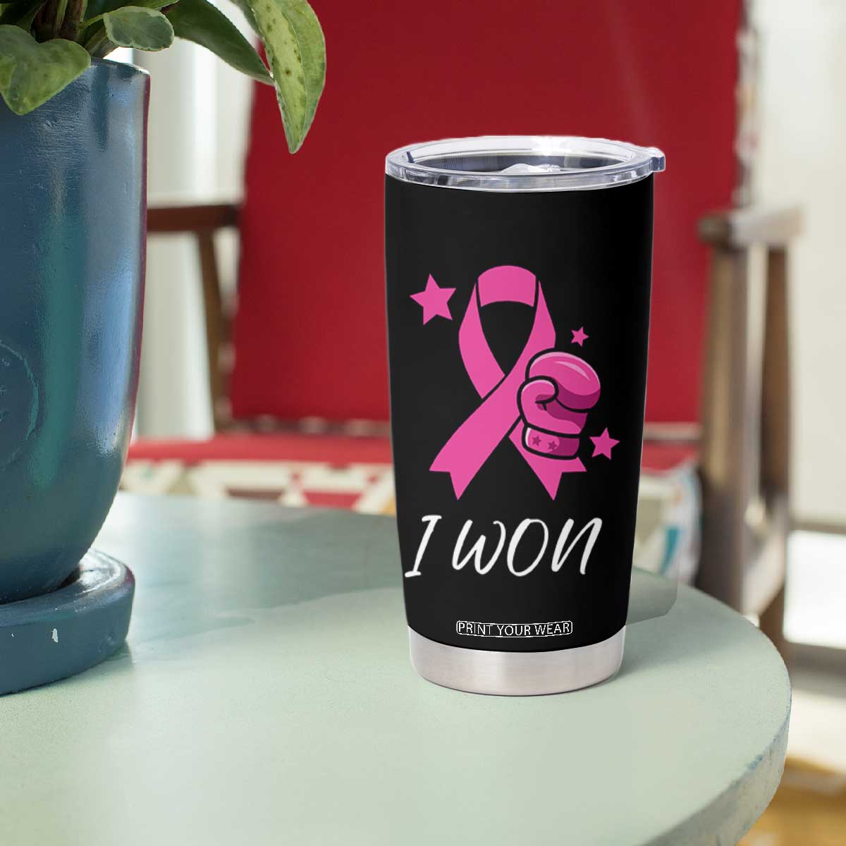 Pink Ribbon Tumbler Cup I Won Breast Cancer Awareness - Print Your Wear