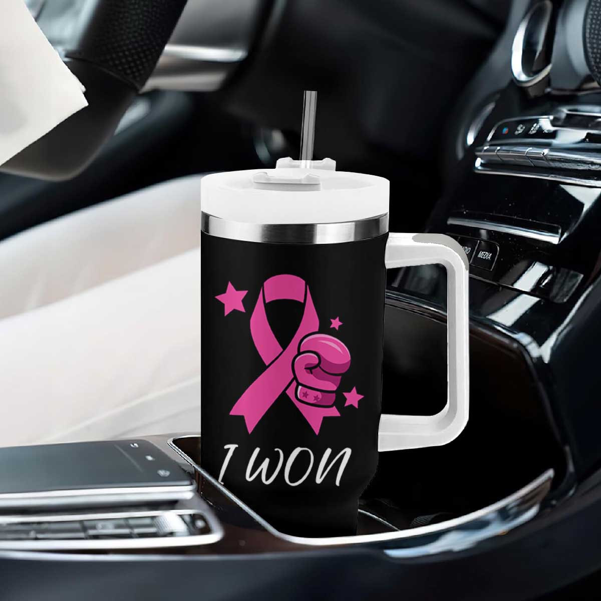 Pink Ribbon Tumbler With Handle I Won Breast Cancer Awareness TS10 Print Your Wear
