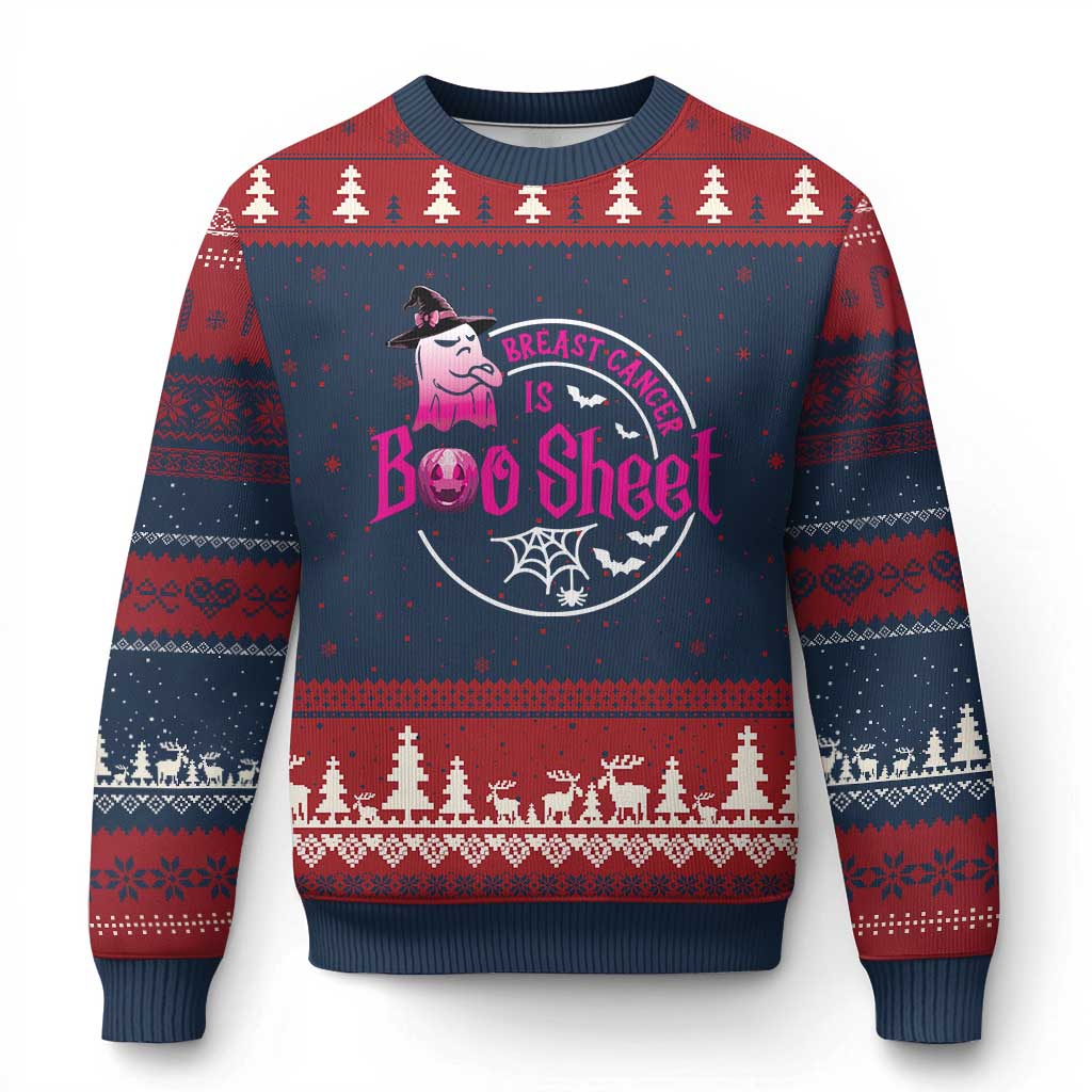 Breast Cancer Is Boo Sheet Ugly Christmas Sweater October Ghost Pink Ribbon TS10 Navy Red Print Your Wear