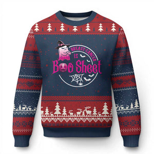 Breast Cancer Is Boo Sheet Ugly Christmas Sweater October Ghost Pink Ribbon TS10 Navy Red Print Your Wear