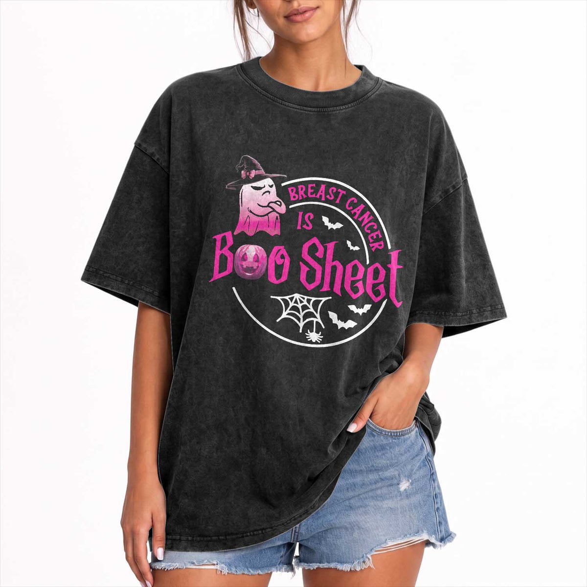 Breast Cancer Is Boo Sheet Washed Cotton T-Shirt October Ghost Pink Ribbon
