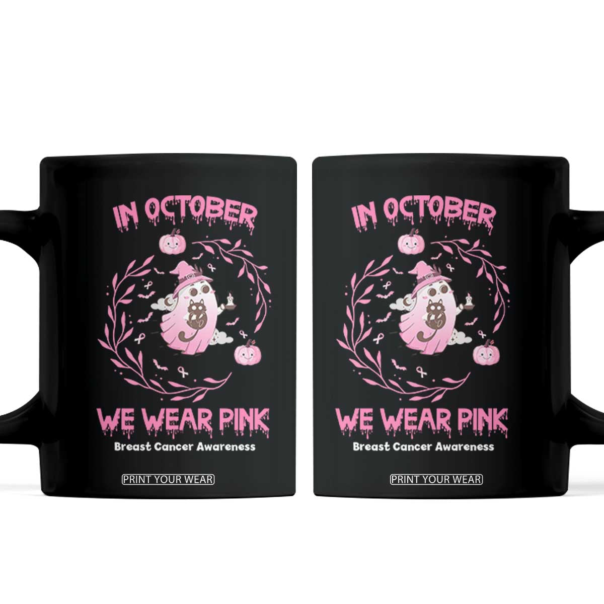 Breast Cancer Halloween Coffee Mug In October Ghost Wear Pink Black Cat TS10 Black Print Your Wear