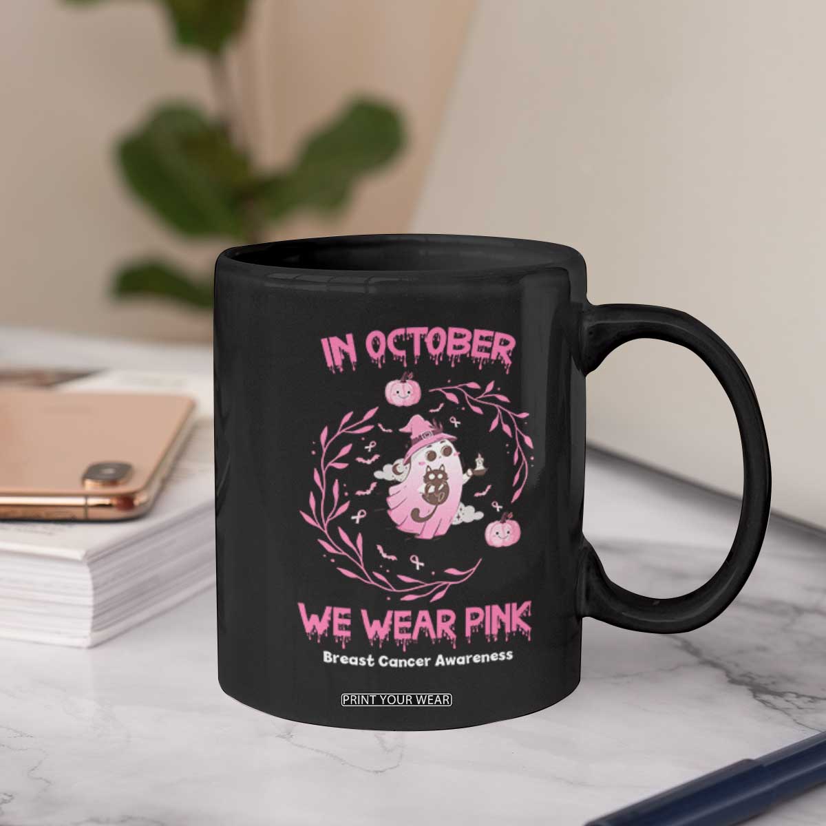 Breast Cancer Halloween Coffee Mug In October Ghost Wear Pink Black Cat TS10 Print Your Wear