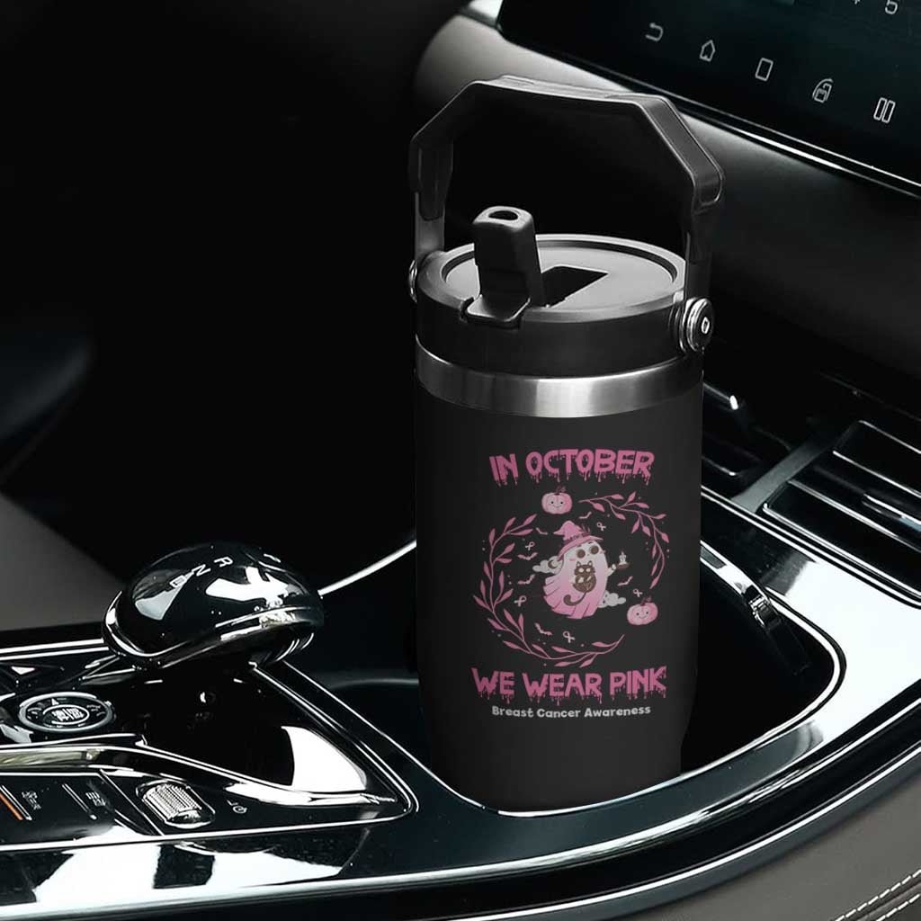 Breast Cancer Halloween Flip Straw Tumbler In October Ghost Wear Pink Black Cat TS10 Print Your Wear
