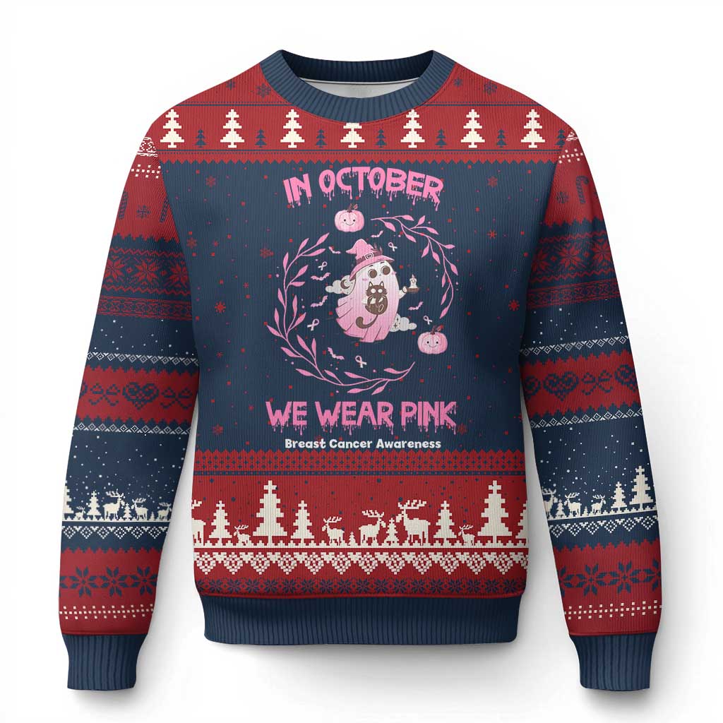 Breast Cancer Halloween Ugly Christmas Sweater In October Ghost Wear Pink Black Cat - Print Your Wear