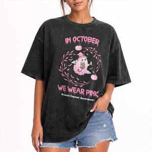 Breast Cancer Halloween Washed Cotton T-Shirt In October Ghost Wear Pink Black Cat