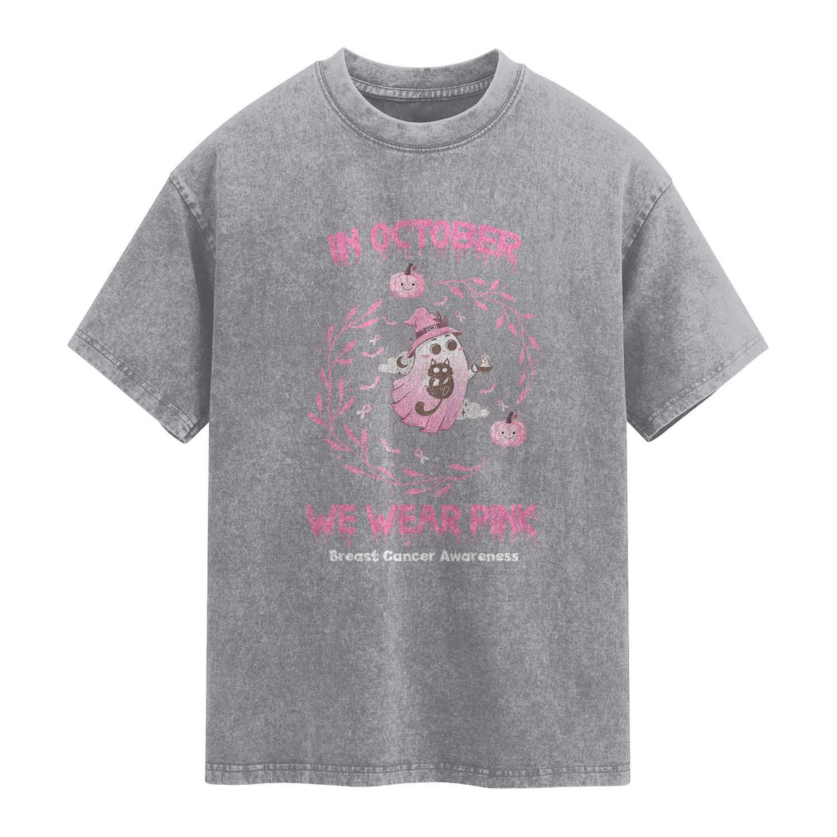 Breast Cancer Halloween Washed Cotton T-Shirt In October Ghost Wear Pink Black Cat