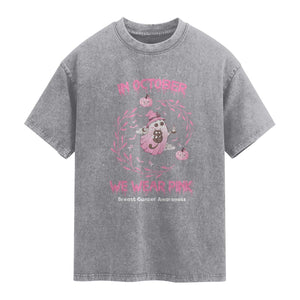 Breast Cancer Halloween Washed Cotton T-Shirt In October Ghost Wear Pink Black Cat