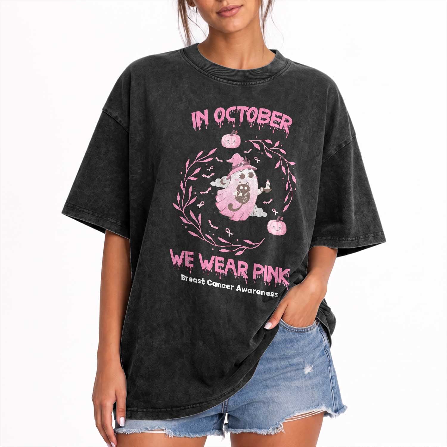 Breast Cancer Halloween Washed Cotton T-Shirt In October Ghost Wear Pink Black Cat TS10 Print Your Wear