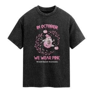 Breast Cancer Halloween Washed Cotton T-Shirt In October Ghost Wear Pink Black Cat