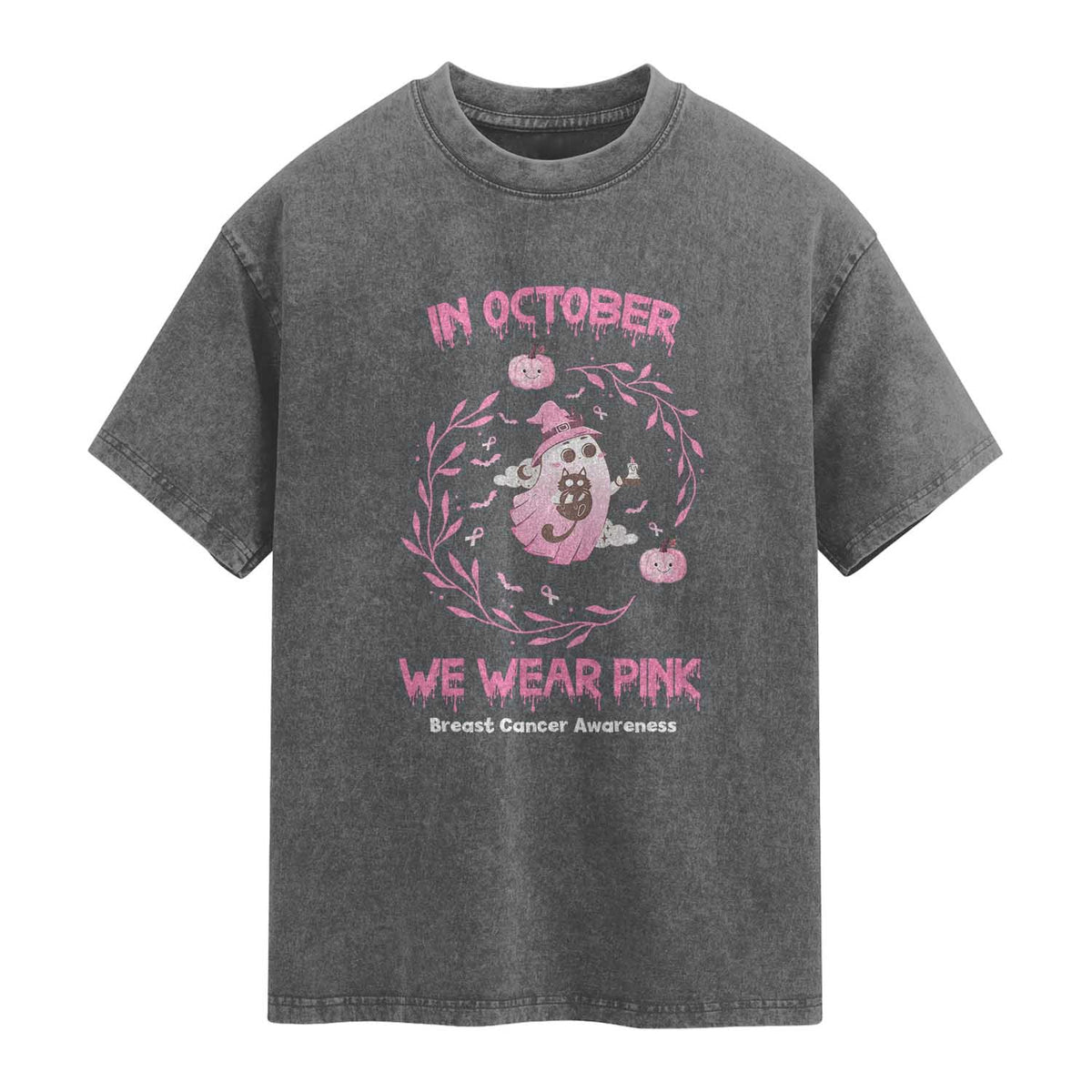 Breast Cancer Halloween Washed Cotton T-Shirt In October Ghost Wear Pink Black Cat