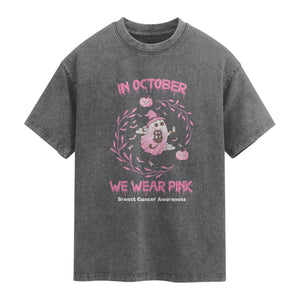 Breast Cancer Halloween Washed Cotton T-Shirt In October Ghost Wear Pink Black Cat
