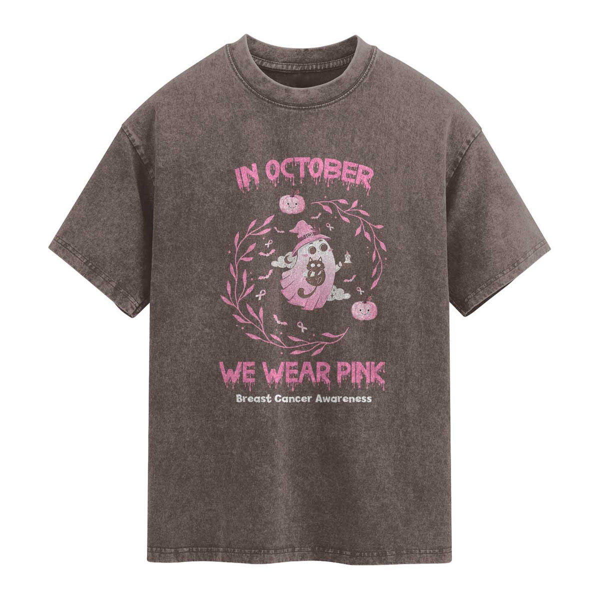 Breast Cancer Halloween Washed Cotton T-Shirt In October Ghost Wear Pink Black Cat