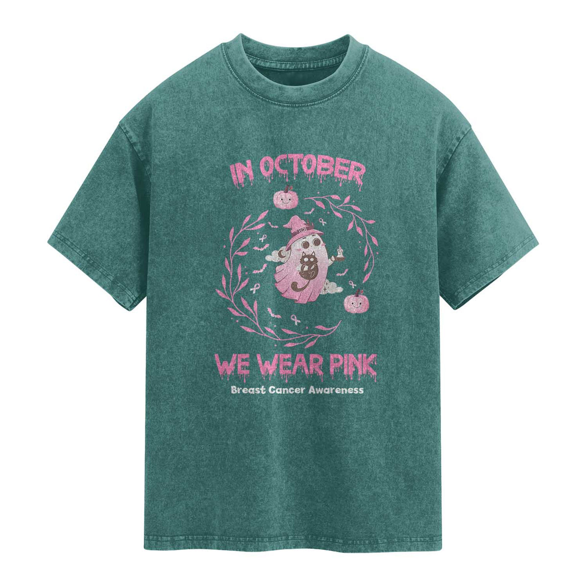 Breast Cancer Halloween Washed Cotton T-Shirt In October Ghost Wear Pink Black Cat