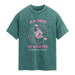 Breast Cancer Halloween Washed Cotton T-Shirt In October Ghost Wear Pink Black Cat